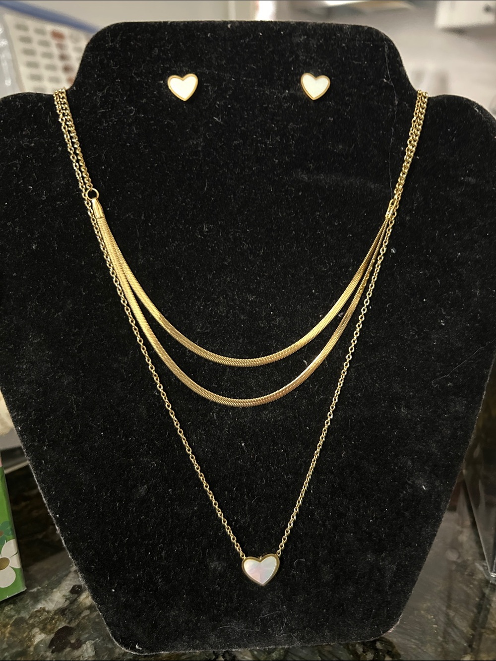 Gold Layered Heart Necklace Set with White Heart Pendant